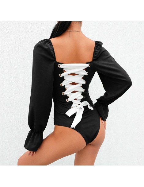 Bodysuits Sexy Women Elegant Square neck Long Puff Sleeve Back Hollow Out Backless Leotard Bodycon Bodysuit Casual Solid colo...