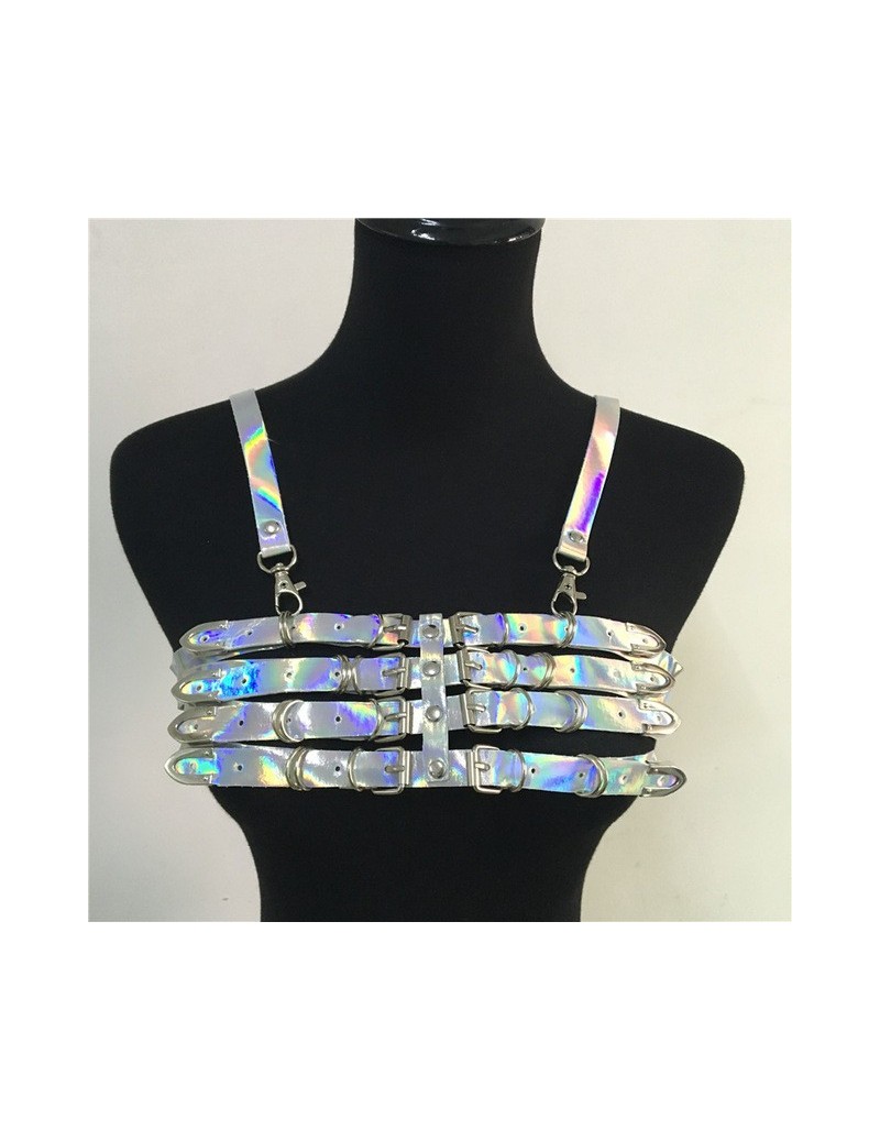 sexy shiny laser PU crop tank top metal chain mini skirts sets women holographic backless nightclub 2 pieces set - silver to...