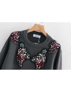 Pullovers 2018 Winter Women Pullovers Top O-neck Long Sleeve Fashion Color Rhinestone Decoration Loose Gray Sweater - Dark Gr...