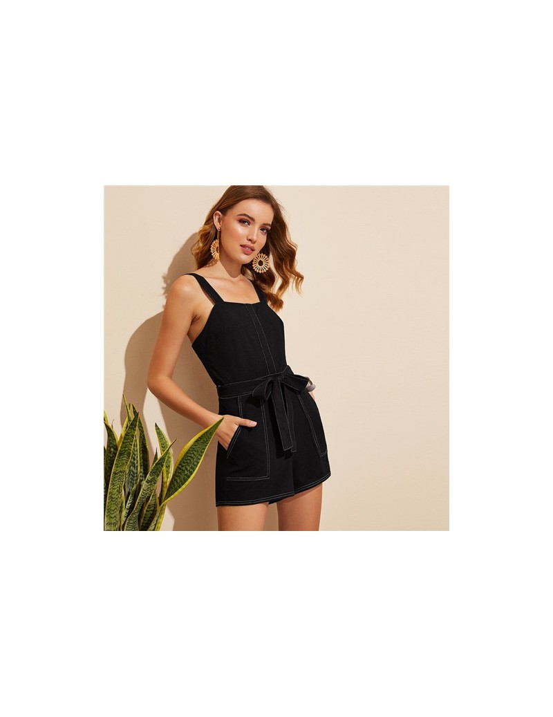 Pocket Patched Belted Contrast Stitch Romper Women Black Square Neck Mid Waist Playsuit Summer Solid Sleeveless Jumpsuit - B...