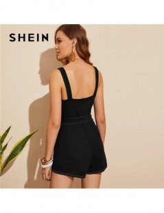 Rompers Pocket Patched Belted Contrast Stitch Romper Women Black Square Neck Mid Waist Playsuit Summer Solid Sleeveless Jumps...