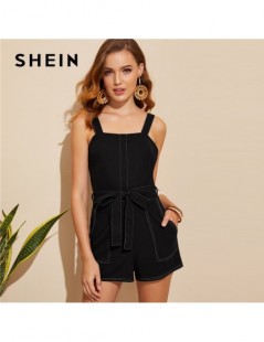 Rompers Pocket Patched Belted Contrast Stitch Romper Women Black Square Neck Mid Waist Playsuit Summer Solid Sleeveless Jumps...