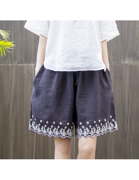 Shorts Summer literary laing embroidery ramie shorts Women's lanyard casual wide leg pants hot pants - Green - 4R4135143374-5...