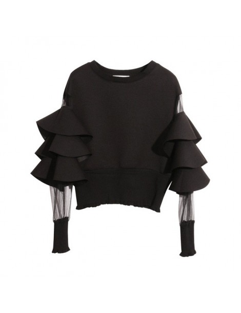 Hoodies & Sweatshirts Patchwork Mesh Perspective Short Female Sweatshirt For Women Top Pullovers Loose Black Autumn Top Cloth...
