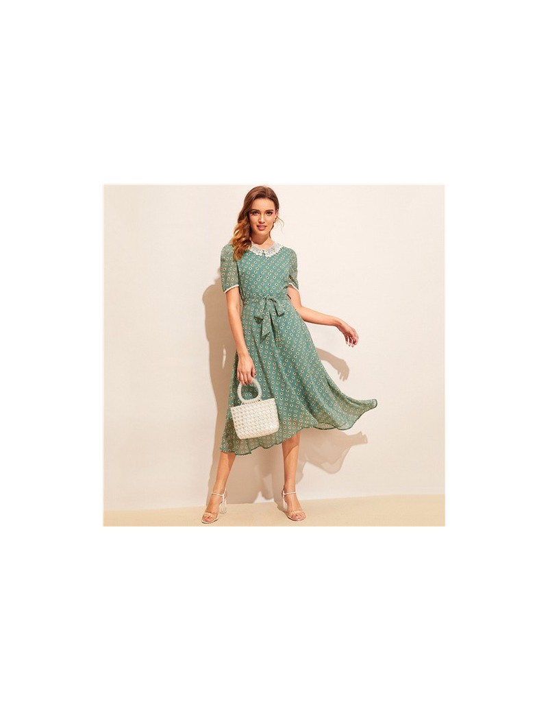 Vintage Peter Pan Collar Floral Print Dress Women 2019 Summer High Waist A Line Dresses Ladies Belted Midi Dress - Green - 4...