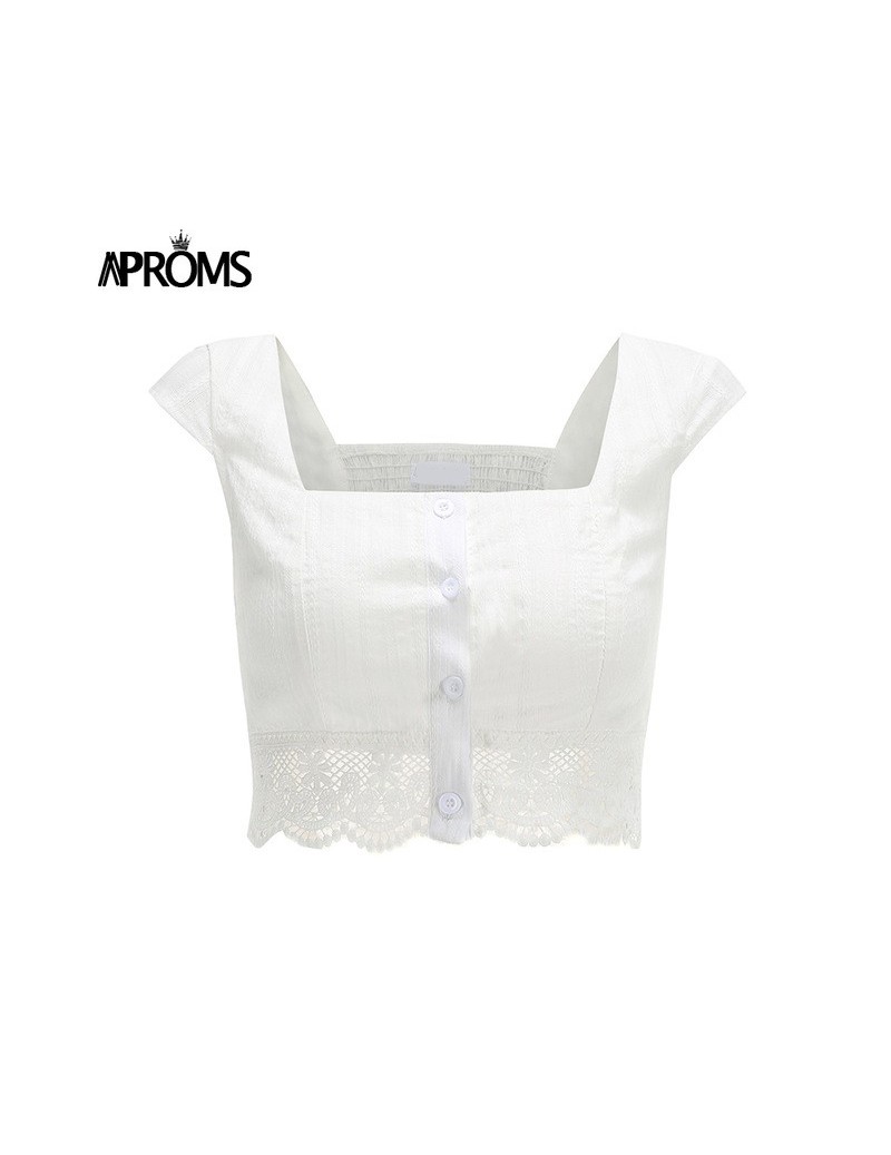 Tank Tops Vintage Square Neck Lace Cropped Tank Tops Women Sexy Buttons Down Elastical White Crop Top Cool Girls Streetwar Te...
