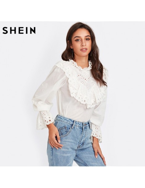 Blouses & Shirts Eyelet Embroidered Ruffle and Bell Cuff Blouse White Blouses 2017 Autumn Elegant Women's Long Sleeve Blouse ...