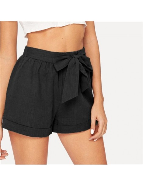 Self Belted Elastic Waist Cuffed Shorts Women Streetwear Casual Straight Leg Shorts 2019 Summer Womens Solid Shorts - Black ...