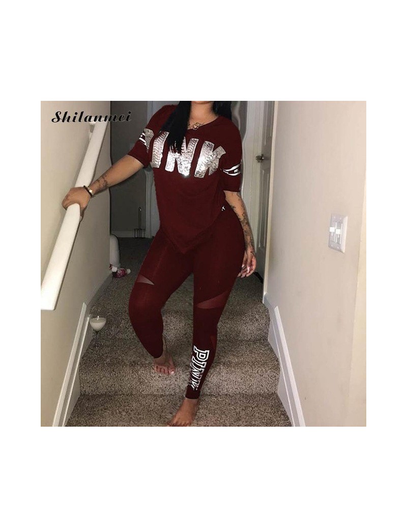 Women's Sets Pink Letter Print Tracksuits Women Two Piece Set 2018 Spring Plus Size T-Shirt Top And Pants Set Suits Casual Bo...