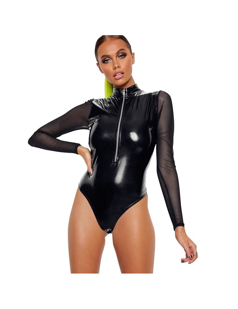 Sexy Women PU Leather Bodysuit Sheer Mesh Splice Long Sleeve bodysuit black Zipper Turtleneck Bodycon Jumpsuit Romper - Blac...