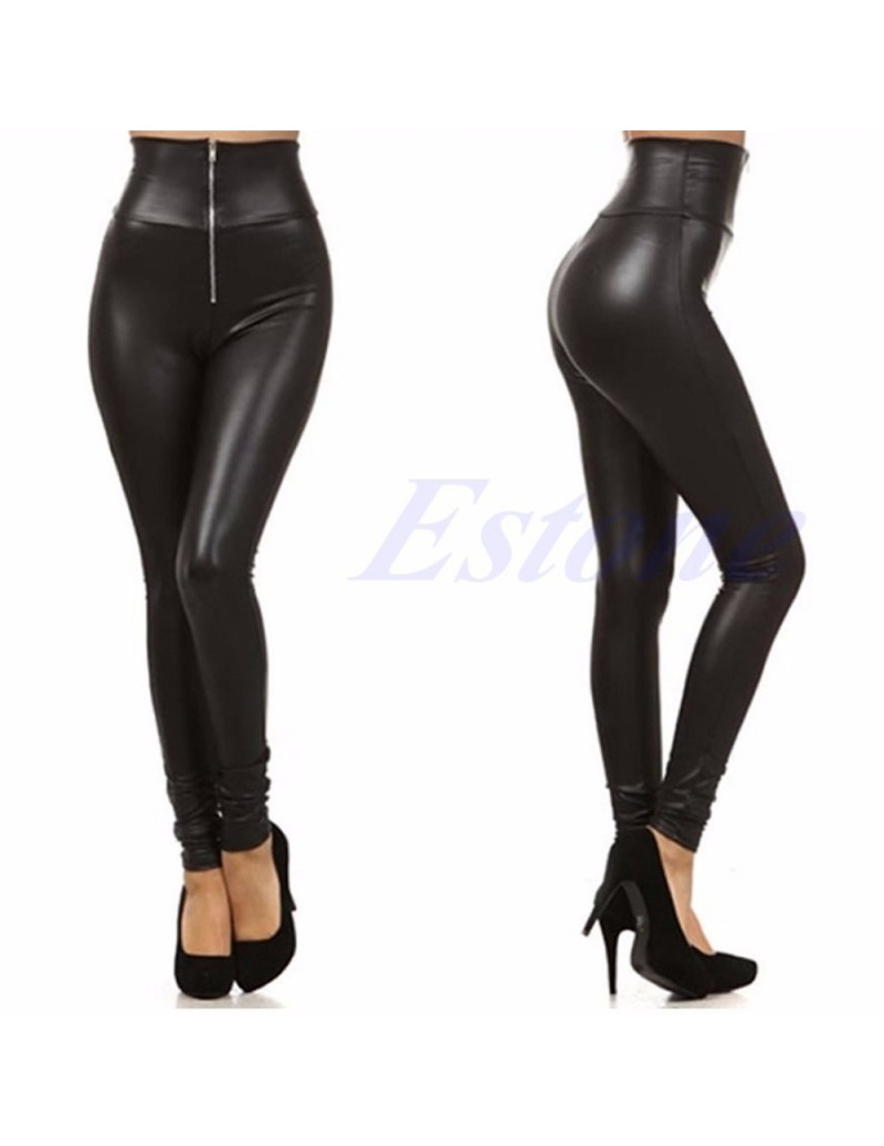 Sexy Lady Woman Faux Leather Leggings Zip Up Patchwork HighWaist Elastic Pants - Black - 4D3859804757