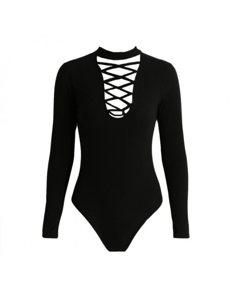 Bodysuits Sexy Bodysuit Women Knitted Bodycon Jumpsuit Solid Cross Rompers Womens Jumpsuit Long Sleeve Party Playsuit Black -...