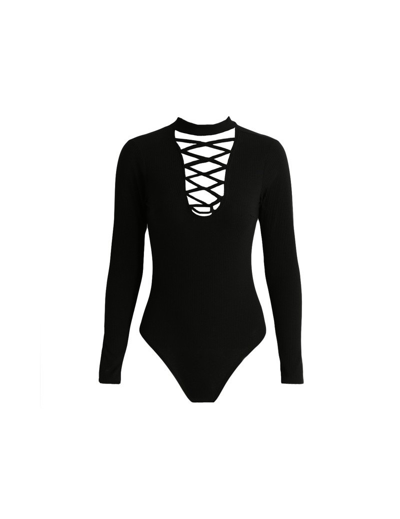 Sexy Bodysuit Women Knitted Bodycon Jumpsuit Solid Cross Rompers Womens Jumpsuit Long Sleeve Party Playsuit Black - Black - ...