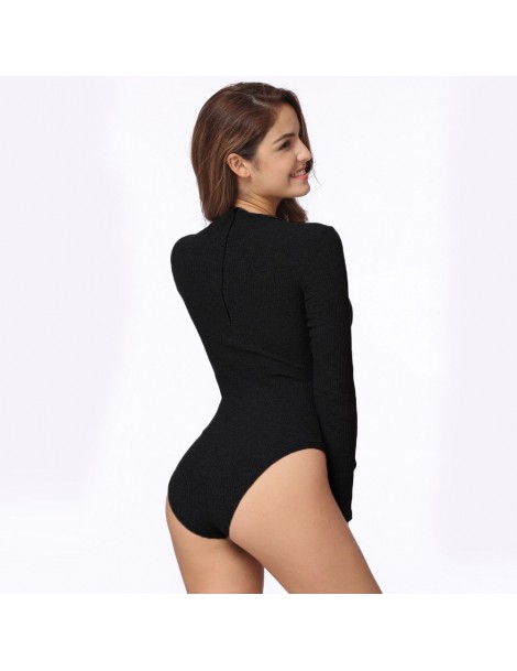 Bodysuits Sexy Bodysuit Women Knitted Bodycon Jumpsuit Solid Cross Rompers Womens Jumpsuit Long Sleeve Party Playsuit Black -...