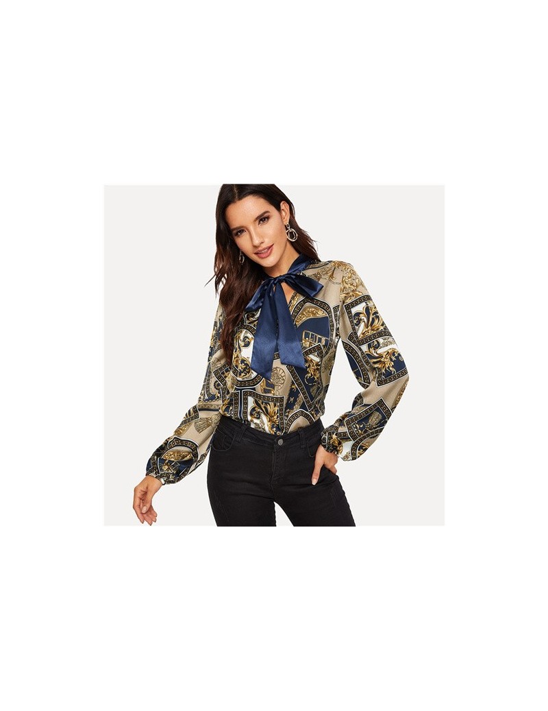 Multicolor Tie Neck Scarf Print Satin Blouse Women 2019 Casual Clothing Spring Stand Collar Long Sleeve Workwear Blouses - M...