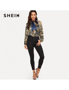 Blouses & Shirts Multicolor Tie Neck Scarf Print Satin Blouse Women 2019 Casual Clothing Spring Stand Collar Long Sleeve Work...