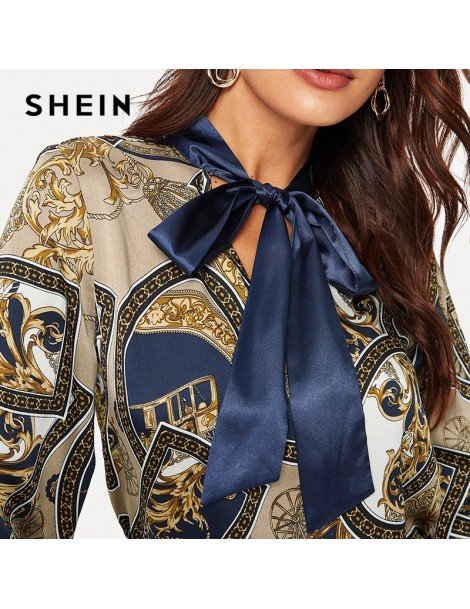Blouses & Shirts Multicolor Tie Neck Scarf Print Satin Blouse Women 2019 Casual Clothing Spring Stand Collar Long Sleeve Work...