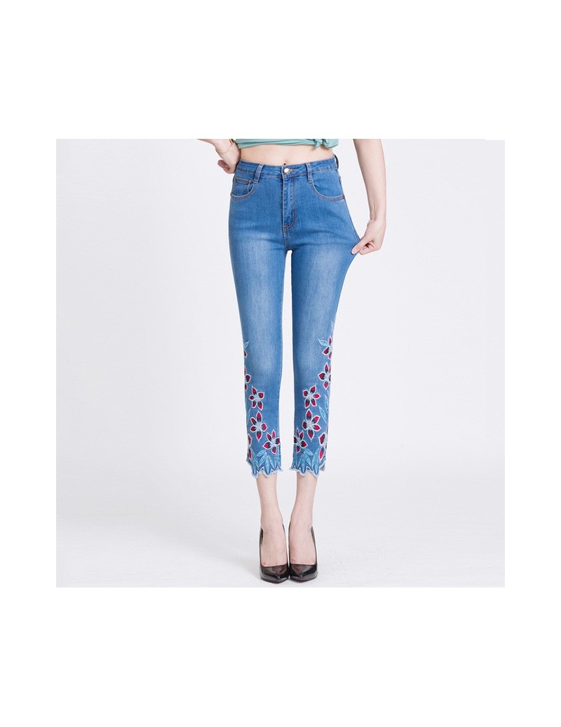 Summer Jeans Women Embroidery High Waist Stretch Floral Push Up Skinny Slim Fit Pencils Calf-Length Pants Light Blue 36 - Bl...