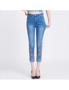 Summer Jeans Women Embroidery High Waist Stretch Floral Push Up Skinny Slim Fit Pencils Calf-Length Pants Light Blue 36 - Bl...