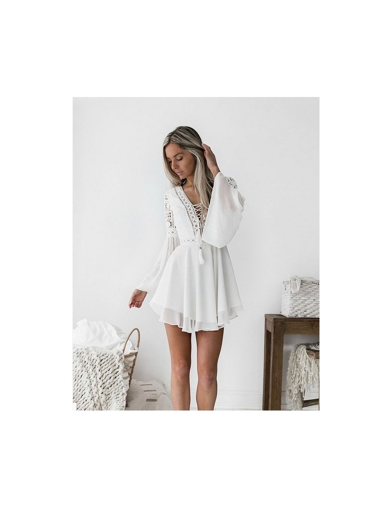 new Girls White Summer Bohemian Mini Dress Women Fashion Spring Solid White Mini Lace Casual Clothes V-neck Long Sleeve Dres...