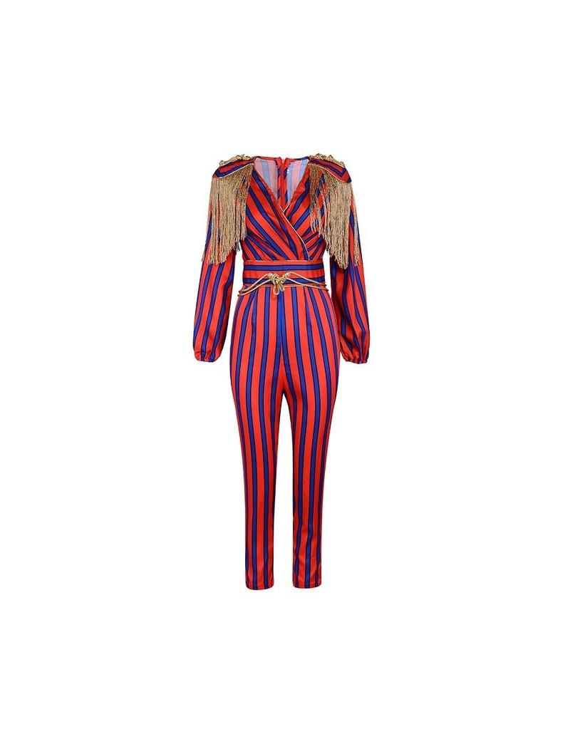 Jumpsuits New Runway Fringe Striped Jumpsuits For Women 2019 Celebrity Party Jumpsuit Long Sleeve Red Blue Tassel Jumpsuit Bo...