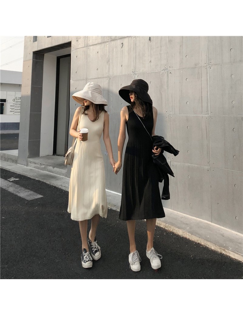 Casual Sleeveless Stretch Knitted Pleated Dress Simple Women's Clothing Midi Dresses V-Neck Slim Tank Dress Woman Summer 201...