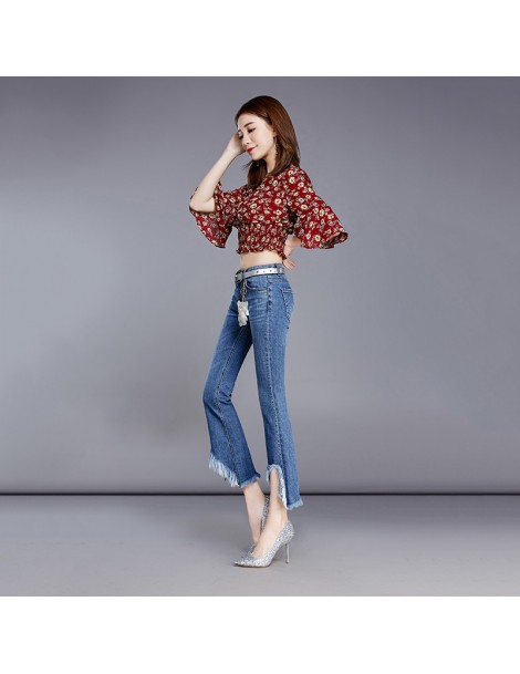 Jeans Denim Bell-bottom Female 2019 New Skinny Tassel Design Ninth Length Sanding Mid-waist Bleached Washed Casual Denim - BE...