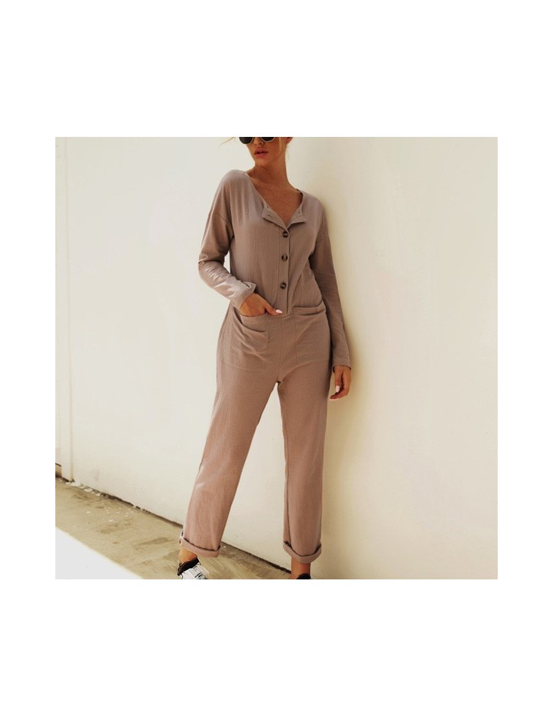 Jumpsuits Fashion Streetwear linen Overalls Women 2019 Autumn Long Sleeve Bodysuit High Waist Pocket Button Romper Wide Leg J...
