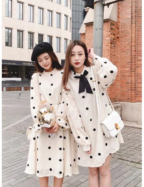 Pullovers Women Long Sweater Dresses 2019 Spring New Arrivals Retro Knit Pullover and Sweaters Bow Neck Sweet Dots Pleated Ro...