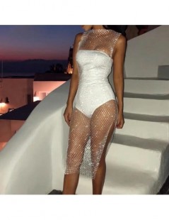 Blouses & Shirts Missord 2019 Women Summer Sexy Off Shoulder Dresses Sleeveless Rhinestone See Through Fishing Net Bodycon Hi...