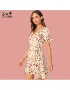 Dresses Apricot Allover Heart Asymmetrical Ruffle Hem Wrap Knotted Dress Women 2019 Summer Boho V Neck High Waist Short Dress...
