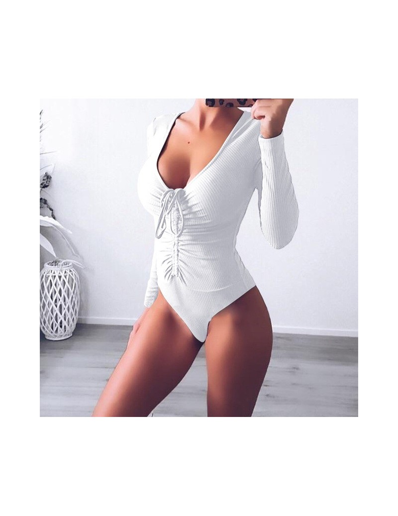 Bodysuits Sexy Deep V-Neck Bodysuits Women Casual Long Sleeve Lace-Up Bodycon Rompers Womens Clothing - White - 4E3070744649-...