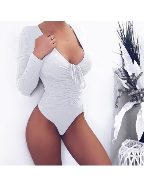 Bodysuits Sexy Deep V-Neck Bodysuits Women Casual Long Sleeve Lace-Up Bodycon Rompers Womens Clothing - White - 4E3070744649-...