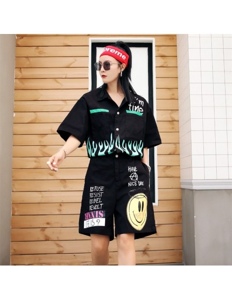 Rompers fashion The New Loose Slim printing letter Tooling Siamese pants - Black - 32995009029 $25.76
