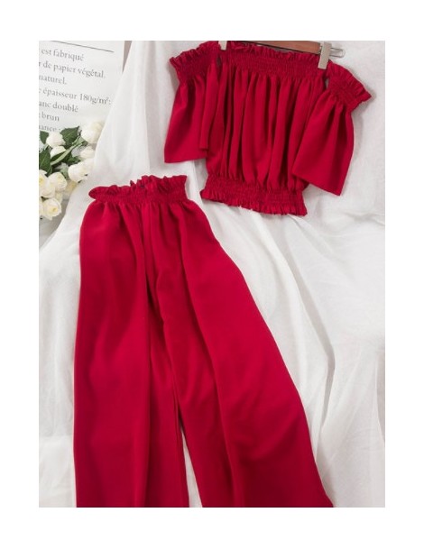 2018 Summer Female Pull Chiffon Top + Wide Leg Trousers 2pcs Casual Sets Solid Color Women Resort 2pcs Pants Suits - Red - 4...
