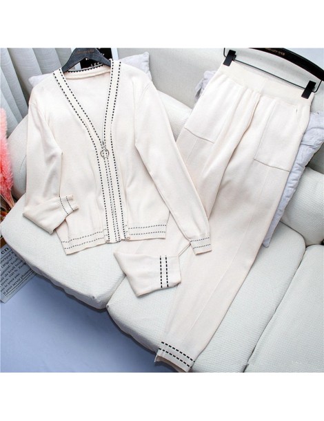 Women's Sets Women Casual Tracksuit Knitted Coat and Long Pants Suit 2019 Autumn New V-collar Zipper Up Cardigans +Trousers 2...