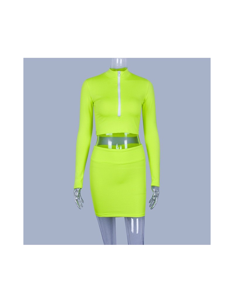 long sleeve high neck zipper bodycon crop tops mini skirt 2 pieces sets 2018 autumn winter women fashion solid set - Green -...