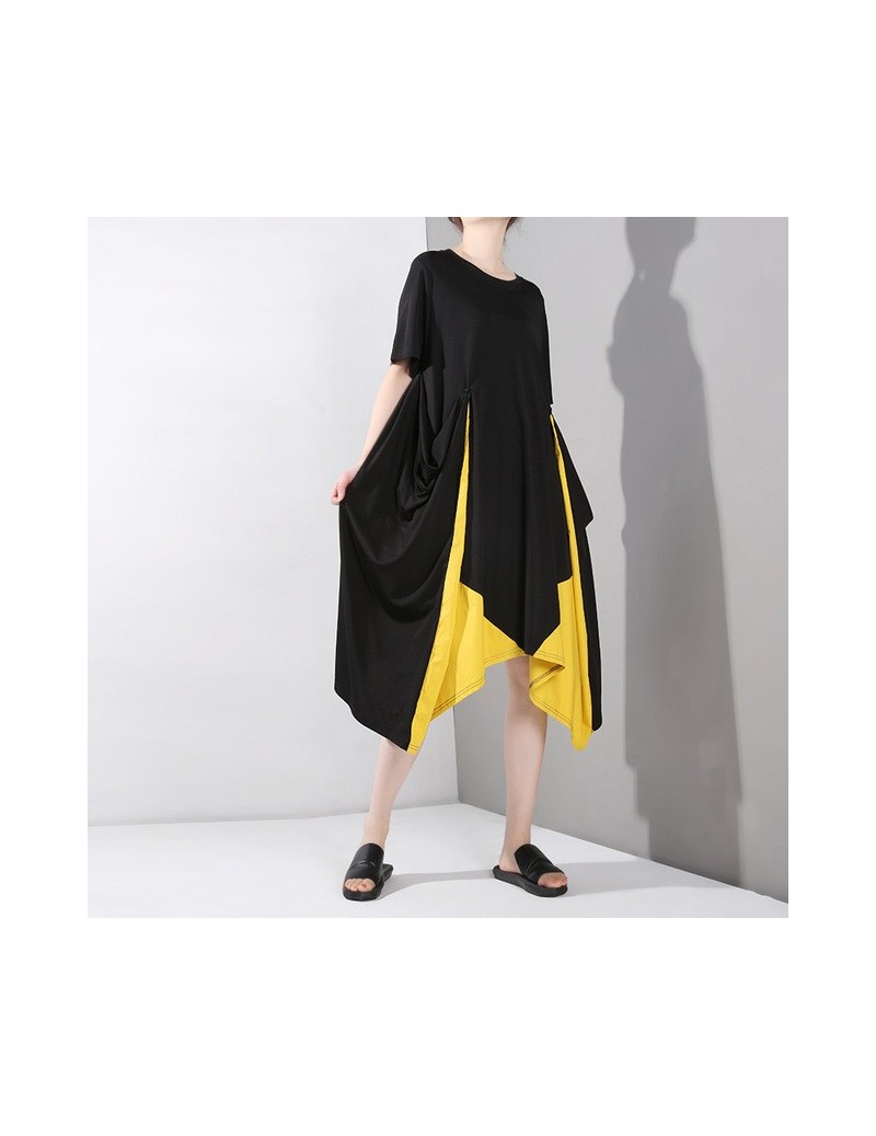 2019 New Spring Summer Round Neck Short Sleeve Hit Color Irregular Pleated Hem Big Size Dress Women Fashion Tide JU760 - bla...