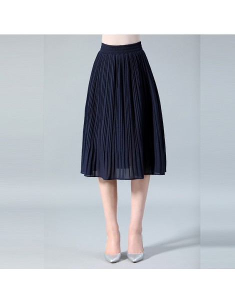 Skirts Women Chiffon Skirt Summer Thin Solid Pleated Skirts Womens Saias Midi Faldas Vintage Women Midi Skirt - Navy - 493960...