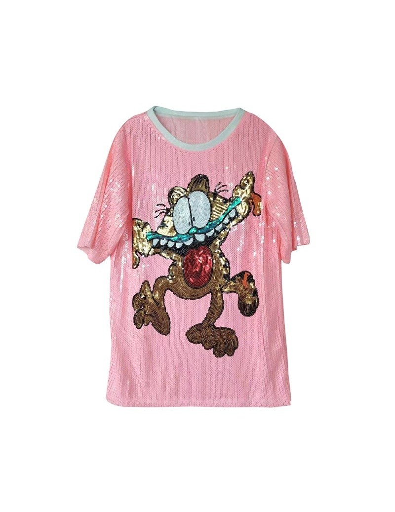 T-Shirts 2019 Shimmer Half Sleeve Baggy Sequin T Shirt Top Loose Plus Size Cute Cartoon Cat Print Sequin Long Tee Top For Tee...