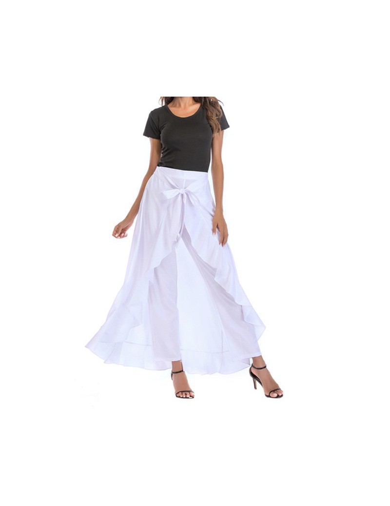 Womens summer Grey Side Zipper Tie casual Wild skirts Front Overlay Pants Ruffle Skirt Bow Long Skirt 9321 - White - 4N30053...