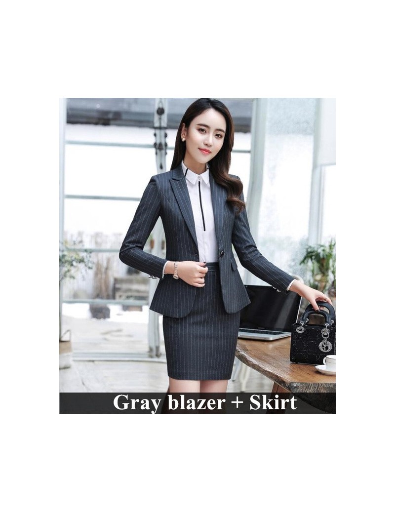Skirt Suits 2018 Spring new fashion stripe skirt suit Business formal long sleeve slim blazer and skirt office ladies plus si...