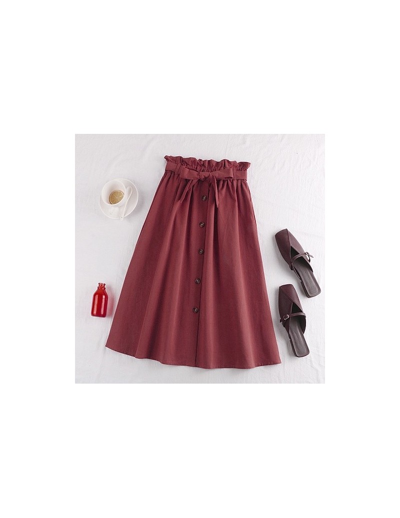 Spring Summer Skirts Womens 2019 Midi Knee Length Korean Elegant Button High Waist Skirt Female Pleated School Skirt - Red -...