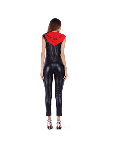 Jumpsuits Sexy Jumpsuit Women Romper PU Patchwork Hooded Mesh Hollow Out See See Through Sportwear Long Pencil Pants Tight Cl...