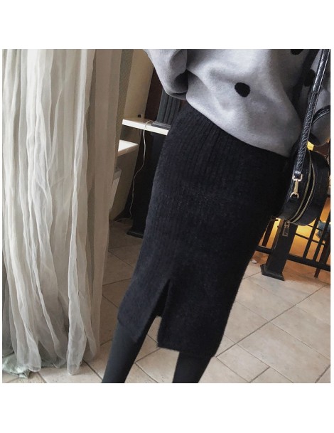 Skirts 2019 autumn winter skirt women causal knitting elastic waist slim fit Mid-length black skirt MX18D1878 - Black - 5L111...