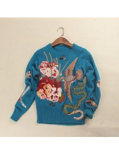 Pullovers Runway Designer Women Blue Bird Embroidery Sweater Pullovers 2019 Winter Christmas Luxury Brand Beading Knitting Ju...