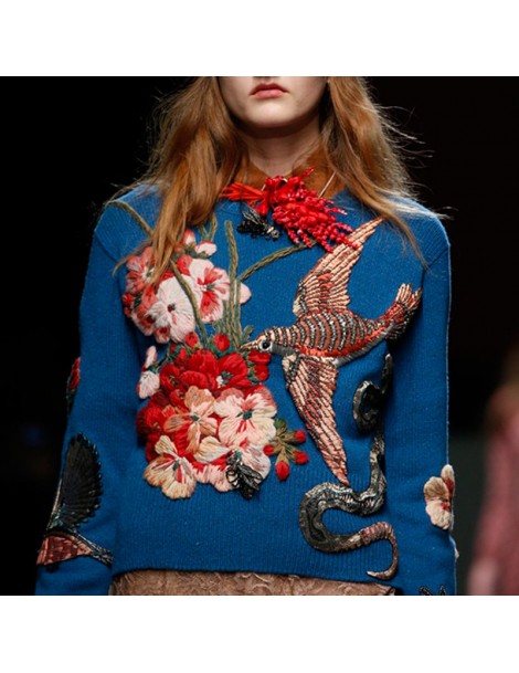 Pullovers Runway Designer Women Blue Bird Embroidery Sweater Pullovers 2019 Winter Christmas Luxury Brand Beading Knitting Ju...