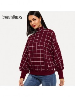 Hoodies & Sweatshirts Burgundy Balloon Sleeve Grid Sweatshirt Active Chic Stand Collar Pullovers Tops 2018 Fall Casual Women ...