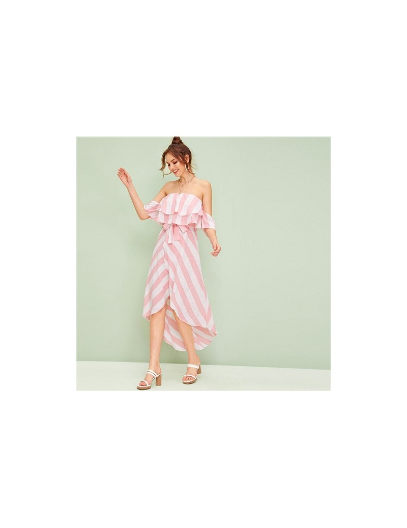 Multicolor Ruffle Trim Tulip Hem Off the Shoulder Striped Long Dress Women 2019 Summer High Waist Boho Wrap Belted Dresses -...
