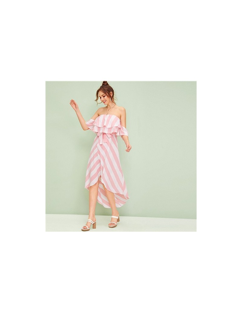 Dresses Multicolor Ruffle Trim Tulip Hem Off the Shoulder Striped Long Dress Women 2019 Summer High Waist Boho Wrap Belted Dr...